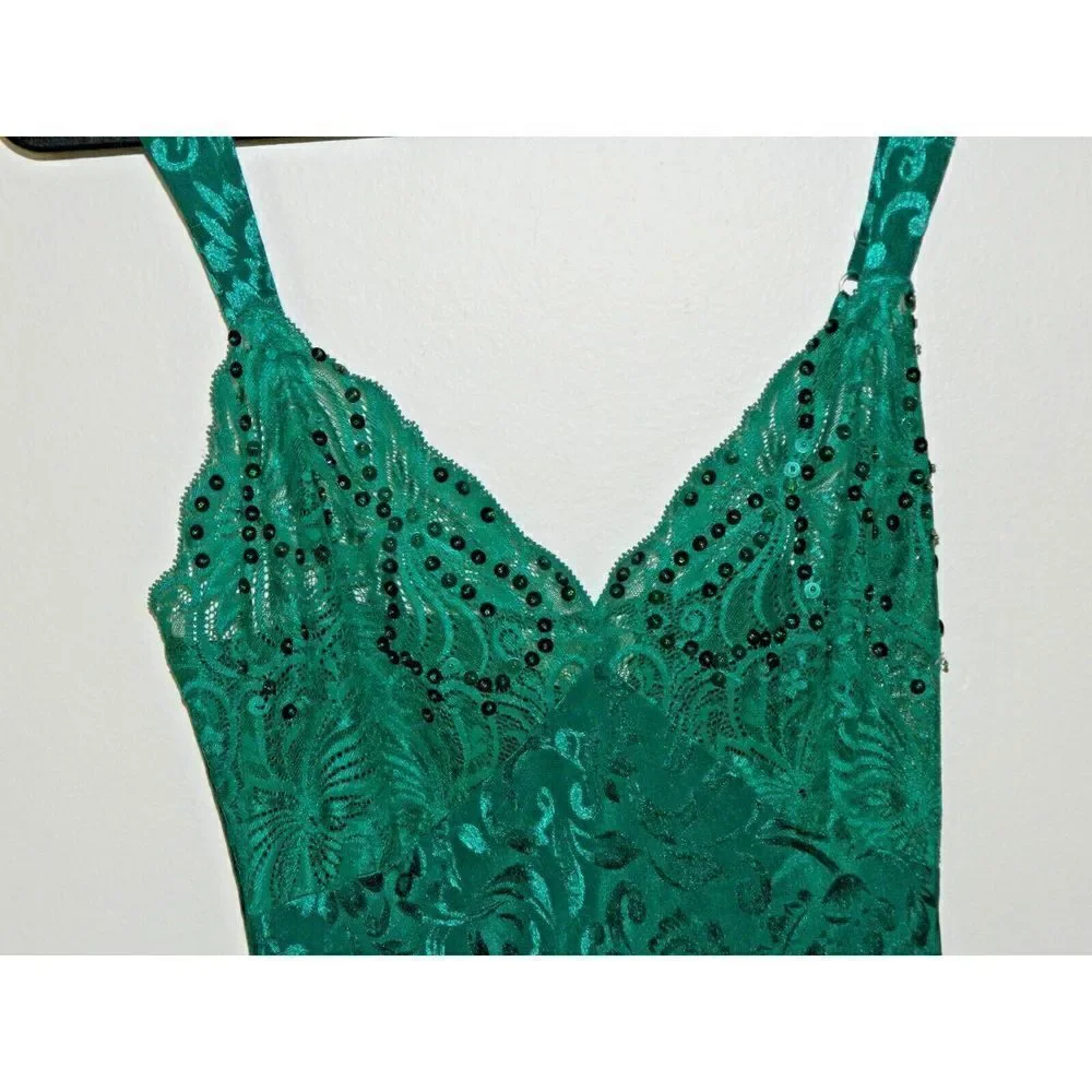 Victoria's‎ Secret Nightgown Slip Dress Medium Vintage Gold  Green Satin Beaded